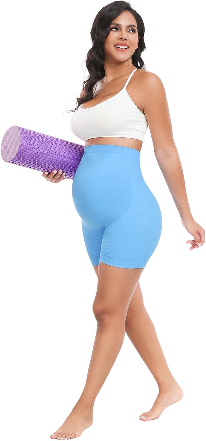URUWASHI Ribbed Maternity Shorts Over The Belly Seamless 5" Pregnancy Workout Athletic Biker Shorts for Women - Image 5