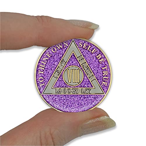 Image of 8 Year Sobriety Coin | Glitter Triplate AA Chip | Recovery Anniversary Token (Purple)
