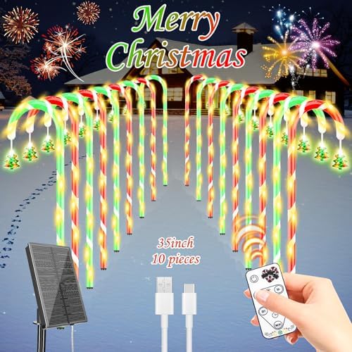 Solar Christmas Candy Cane Lights, 35-inch high, Waterproof Outdoor Pathway Lights. 8 Modes, Perfect for Garden, Patio, Lawn, or Yard Decoration. Easy Stake Installation. Pack of 10.
