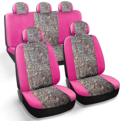 CarsCover Real Pink Camo Seat Covers Maple Forest Tree Leaf Pattern Camouflage for Auto Truck Car SUV Women Style Seat Cover (9pc Low Back)