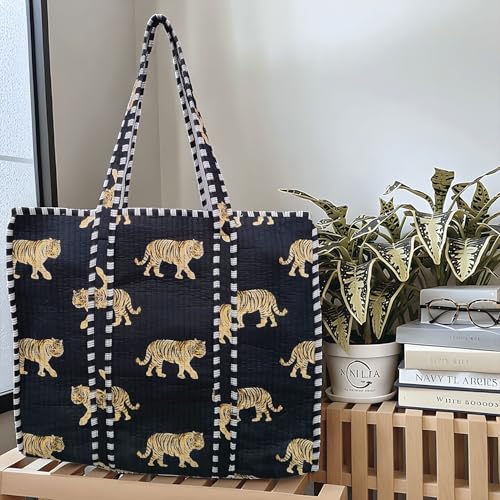 Image of Cotton Tiger Block Print Tote Bag, Indian Handmade Shopping Shoulder Bag, Unisex Market Daily Use