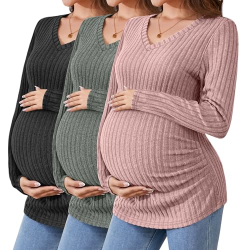 Ficerd 3 Pack Women's Maternity Shirts Ribbed Long Sleeve Pregnancy Tops V Neck Knit Side Ruched Pregnant Clothes Sweater