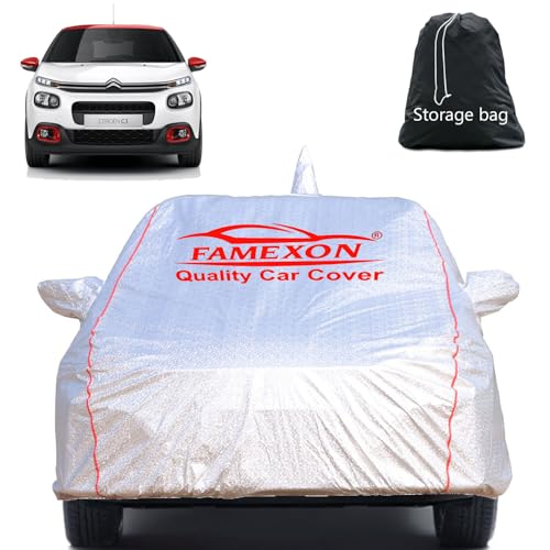 Image of Waterproof Car Body Cover with Mirror Pocket Compatible for Citreon C3 Triple Layer Inner Fabric & Pipein Design Protects from Animals, Heat, Rainfall (Metallic Silver)