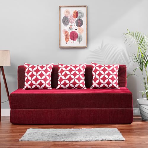 Image of Convertible Fabric Sofa Cum Bed | Foldable Double Foam & Washable Cover with Cushions | Modern Design Use Living Room & Guest Room (Maroon-Multi-Star, 5X6 Ft)