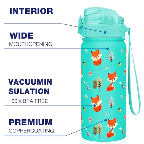 GOPPUS 550ml/18oz Kids Insulated Water Bottle with Straw Cute Double Wall Stainless Steel Child's Small Flask Vacuum Insulated Steel Metal Leak Proof Drink Flask Boys Toddler Girls Bottles BPA-Free - Image 4