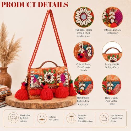 Image of MOMISY Handicraft Handmade Cotton Ethnic Rajasthani Embroidered Banjara Bags for Women Sling Clutch with Handle Purses for Ladies Girls