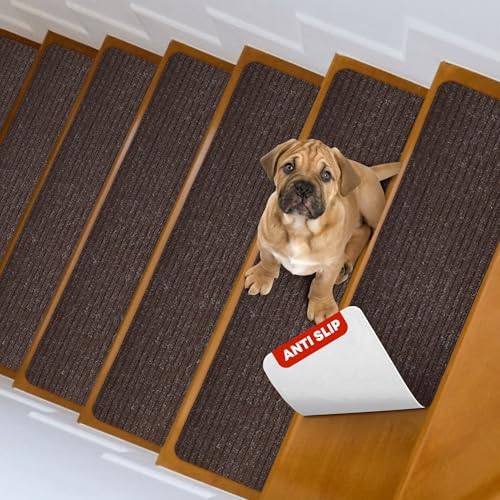 MBIGM Carpet Stair Treads for Wooden Steps, 15 Pack, 8" x 30", Brown Stripe