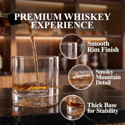 Image of LIITON American Peaks Whiskey Glasses, Set of 4, 10oz, Bourbon Glass | Thick Freezable Crystal Rock Glasses, Old fashioned Whiskey Gifts for Men, Cocktails, Scotch Glasses