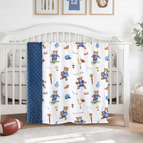 Image of BORITAR Baby Blanket with Football Pattern for Boys, Super Soft Nursery Minky Blanket with Lovely Bear Woodland Animal, Double Layer with Dotted Backing for Newborn Toddler Infant, 30 x 40 Inch