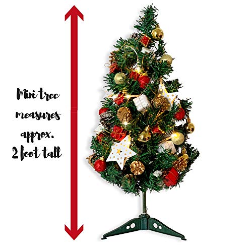 Banberry Designs Table Top Chirstmas Tree With Mini Ornaments And Lighted Garland/Strand - 2 Foot Tall Tree With Small Ornaments - Waterproof Balls, Pine Cones, Drums, Stars And Lights - Red And Gold #TOP1