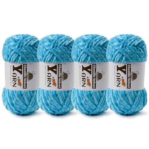 Image of 4 Pack Plush Chenille Chunky Yarn - Fluffy Velvet Yarn Crochet for Blanket Knitting and Crocheting - Soft Baby Yarns for Crocheting - Amigurumi Crochet Yarns 100g (87yds) (4 Lake Blue)