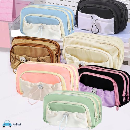 Image of FunBlast Pencil Pouch for Girls - Multiple Compartment Zipper Pouch With Drawstring Pocket, Aesthetic Kawaii Pencil Case, Cute Return Gift for Kids (Black-Pink)