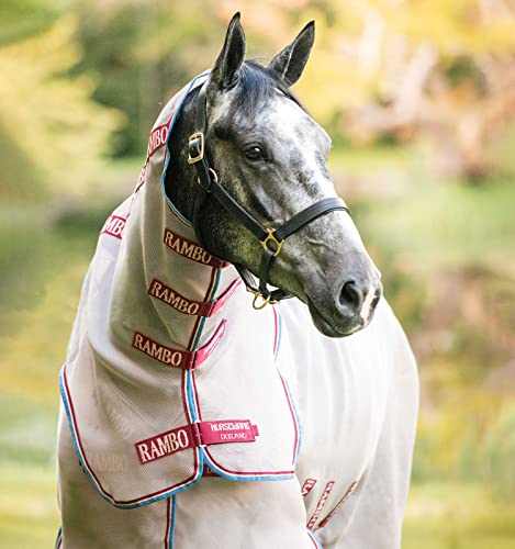 Image of Horseware Rambo Protector Fly Sheet with Disc Front Closure 0g - Oatmeal /Cherry & Peach & Blue, 66 inches