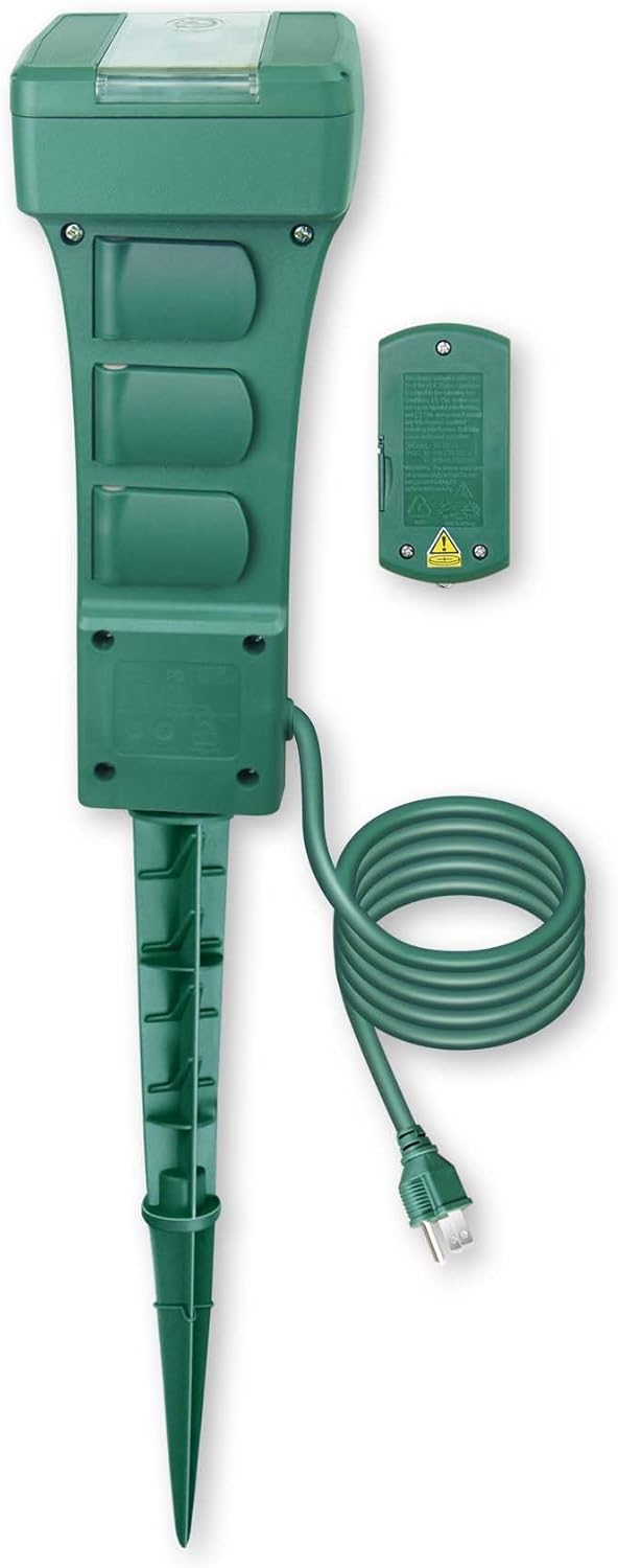 Outdoor Remote Control Power Stake with Photocell Timer 2/4/6/8 Hour Countdown, Dusk to Dawn, 6 Grounded Outlets 6FT Cord, UL Listed, Green