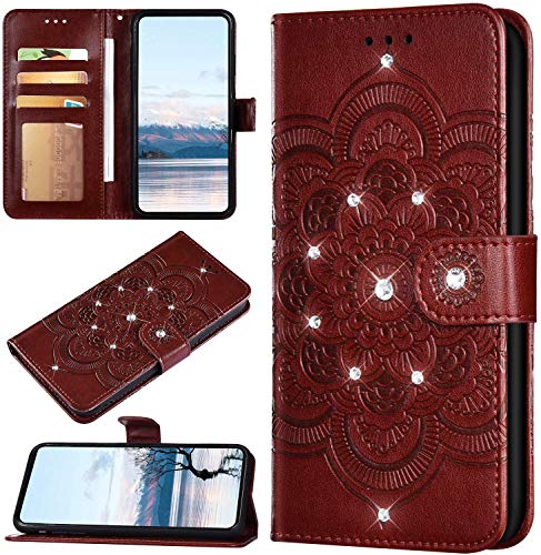Robinsoni Case Compatible with LG K30 2019 Shiny Case Sparkle Glitter PU Leather Wallet Cover Lavish Bling Diamond Embossed Mandala Printed Book Case Folio Flip Kickstand Glossy Magnetic Case Brown