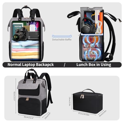 Image of BERTASCHE Lunch Backpack for Women, 17.3 Inch Laptop Backpack with Insulated Cooler Lunch box, Nurse Backpack for Teacher Work Travel College Picnic,Black-Grey