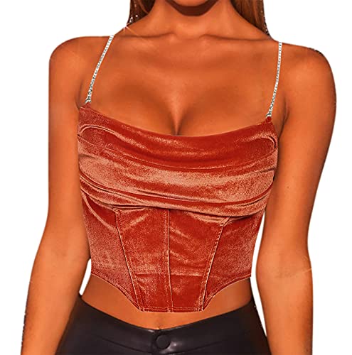 Leomoste LEYF-21042485S-01L Women Sexy Corset Crop Top Glitter Rhinestone Spaghetti Strap Bustier Tank Top Stretchy Clubwear Cami Shirt Orange thumb #1