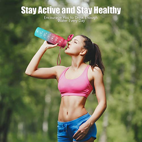 Lunidry Water Bottle with Straw & Time Marker, 32oz Motivational Water Jug BPA-Free Leakproof, to Ensure You Drink Enough Water for Outdoor, Sports, Fitness, Lockable Pop Open Lid (Navy Blue/ Red Gradient)