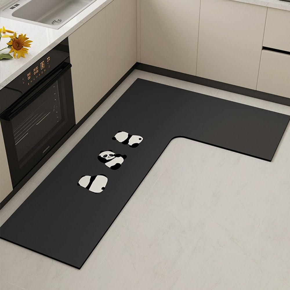 Treer Kitchen Rug Kitchen Floor Mat L-shaped Non Slip Washable Waterproof Anti-Fatigue Standing Mat Diatom Mud Long Carpet for Hallway Sink Laundry Office Entryway (Panda-left,100x150x45cm)