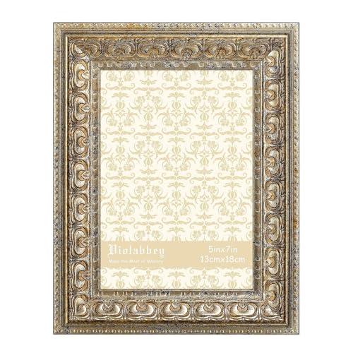 Image of VIOLABBEY 5x7 Picture Frame Gold, Vintage Photo Frame | Small Antique Ornate Frame, Wall or Tabletop Display, Classic Design for Home Office Decor, Fits 5x7 Pictures