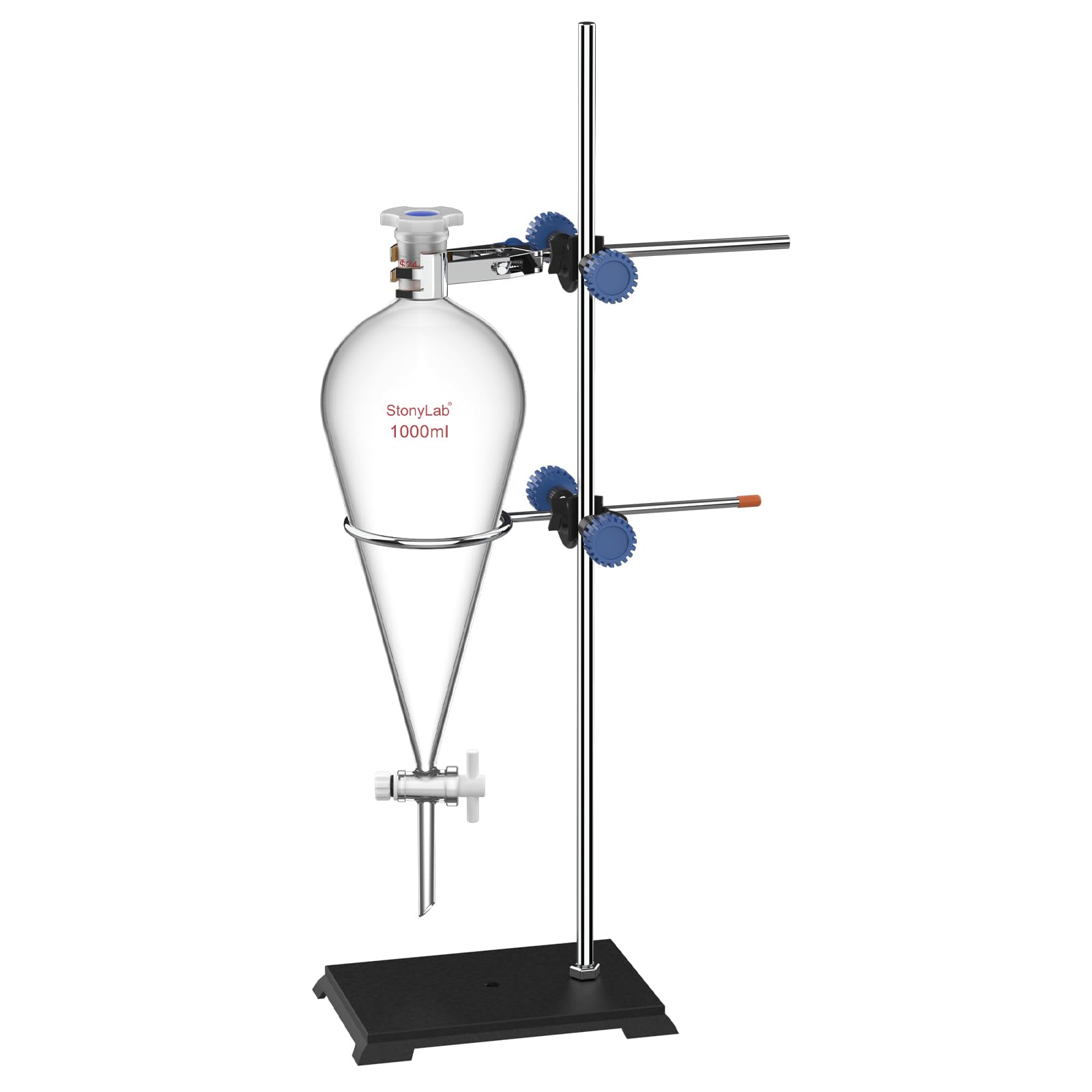 stonylab Borosilikatglas Scheidetrichter mit Laborständer Set, 1000 ml Kapazität, 24/40 Schliff und PTFE-Hahn für Titration Extraktion