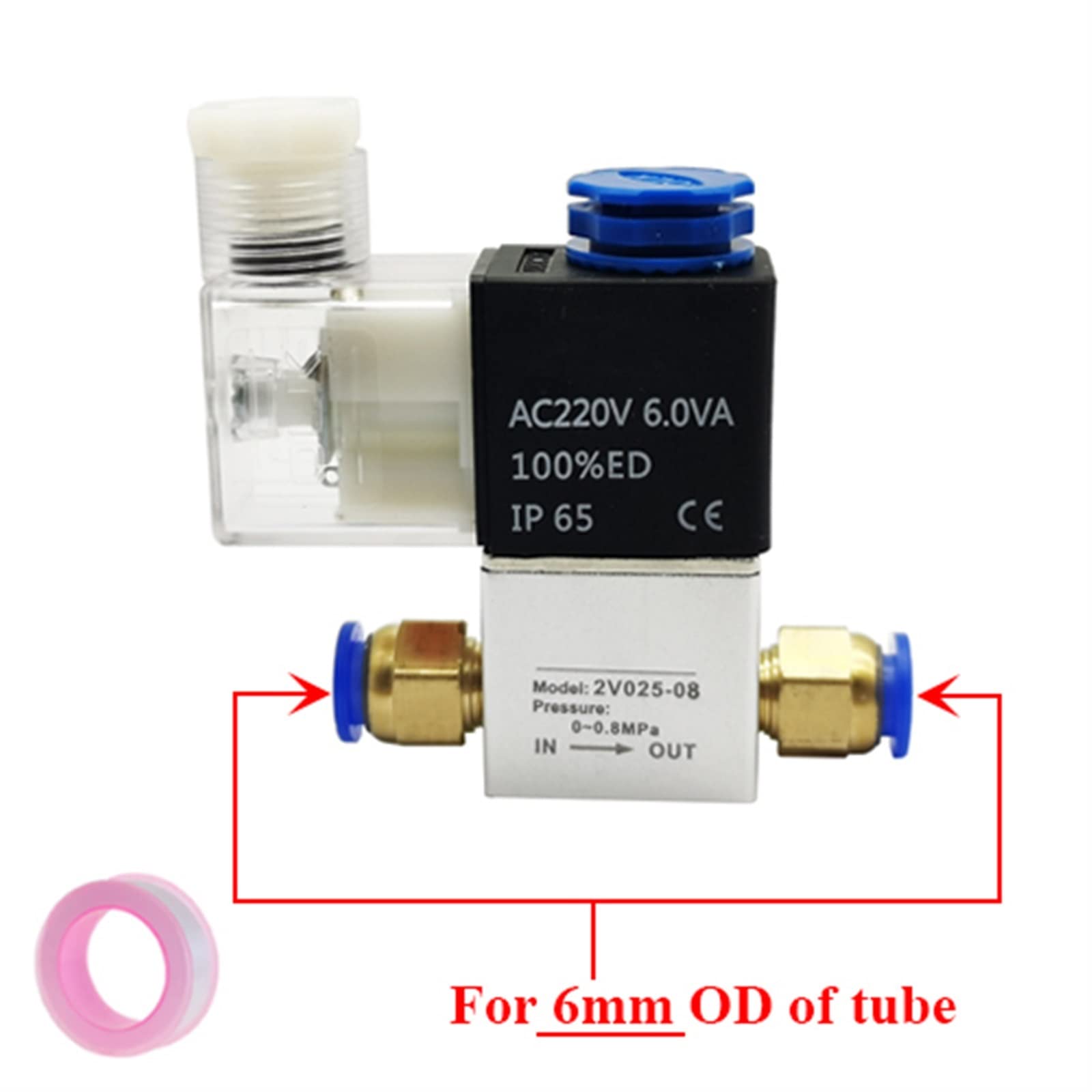 Pneumatyczny zawór sterujący zawory elektromagnetyczne powietrza 2-pozycyjny port 1/4quot; normalnie zamknięty DC12V 24V AC110V 220V 1szt (2v025-08 i Pc6-02, AC110V)