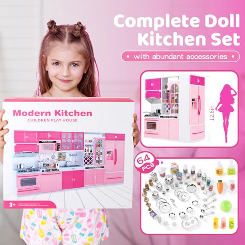 Image of Kitchen Toys Set for Boys Girls Pink Play Accessories 5 in 1 Mini Kitchen with Lights and Sounds