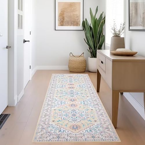 Runner Rugs for Hallway Anti Slip Machine Washable Carpet Runner Non Shedding Vintage Rug Foldable Kitchen Runner (Yellow, 2.6 * 8)
