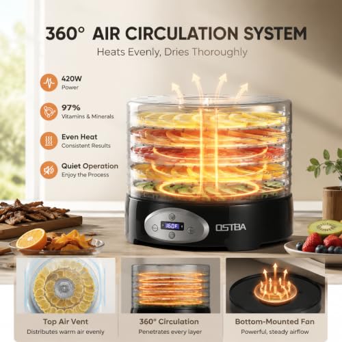 Image of OSTBA Food Dehydrator, 5 BPA-Free 12.2 inch Trays, Adjustable Temp 95-160℉, 48H Timer, 420W Food Dryer for Fruits, Veggies, Jerky, Herbs, Home Use, BPA-Free
