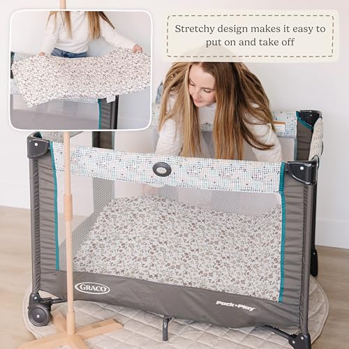 Image of Pack and Play Sheets Fitted, Mini Crib Sheets for Graco Pack N Play Playard (38x26), Ultra Soft Organic Cotton Blend, Safe & Snug Playpen Mattress Sheet for Baby Boys & Girls - Fleurette, 2-Pack