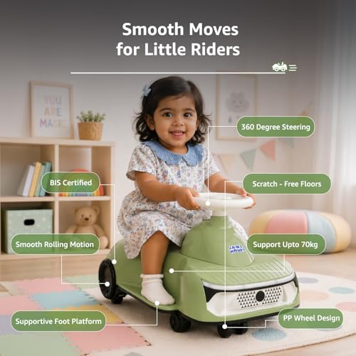 Image of Amazon Brand - Jam & Honey Ride-On Swing Car for Kids 12 Months+ | Premium Design with Stable Overhang Base | PU Wheels | Supports up to 100 kg | Indoor & Outdoor - Green