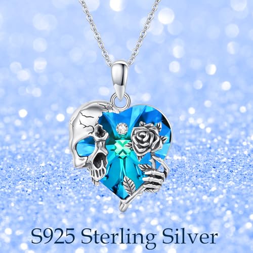 Image of S925 Sterling Silver Skull Pendant Necklace Heart Crystal Birthstone Skull Necklace Gothic Jewlery Gifts