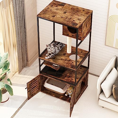 image for AWQM Large Cat Litter Box Enclosure,3 Level Cat Tree Tower with Elevat