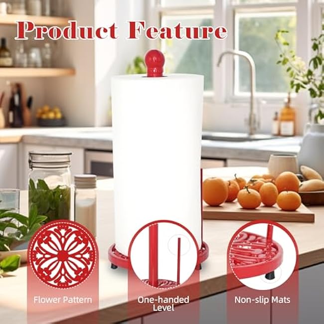 Vintage Paper Towel Holder - Cast Iron Red Roll Paper Towel Holder Stand for Kitchen Home Countertop