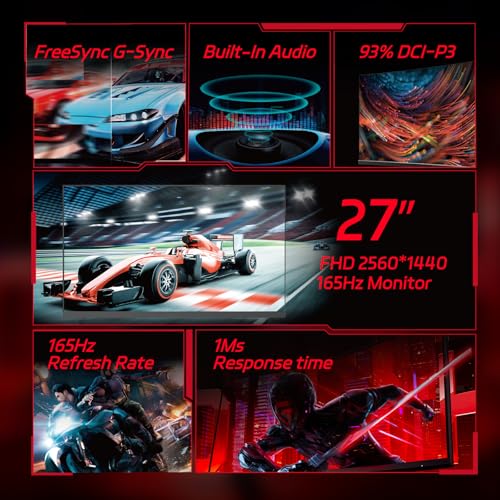 Image of 27 Inch Curved Gaming Monitor - QHD 1440P 165Hz Refresh Compueter Monitor, 1ms Response, DP HDMI VESA Mount 120% sRGB HDR Eye Care, Slim Bezel, Adjustable Stand