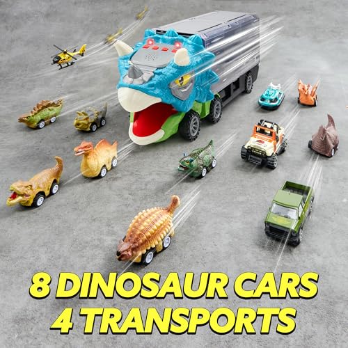 Image of JOYIN 13 in 1 Dinosaur Toys for Kids 3-5, Triceraptor Dinosaur Truck with 12 Pull Back Cars, Birthday Gifts Toys for 3 4 5+ Year Old Boy, Transport Carrier Truck
