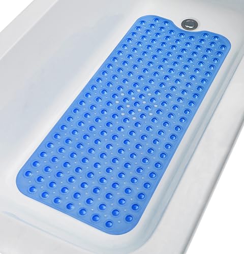 TIKE SMART Extra-Long Non-Slip Bathtub & Shower Mat 39”x16” (Smooth/Non-Textured Tubs Only) Safe, Clean, Machine-Washable, Superior Grip&Drainage, Vinyl, Transparent Blue