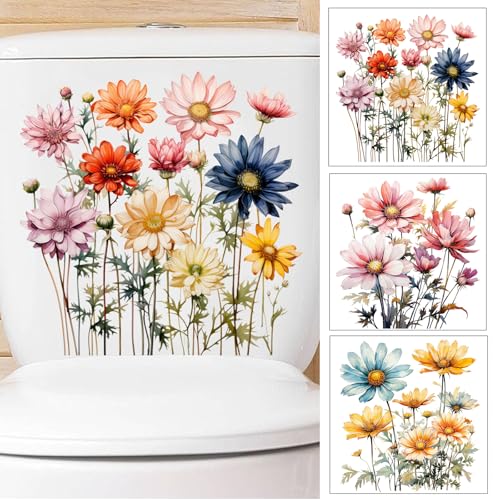 3 Pcs Colorful Flowers Toilet Seat Wall Stickers Self-Adhesive Colorful Floral Leaf Toilet Lid Decals DIY Removable Bouquet Toilets Stickers for Cistern Bathroom WC Restroom Decor
