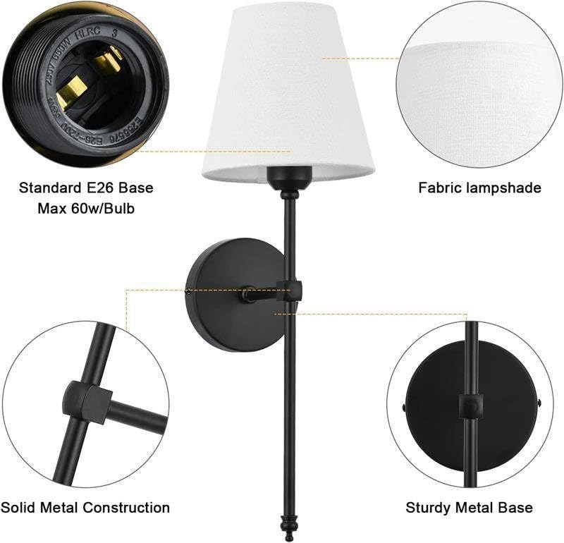 Image of Wall Sconces Sets of 2, Retro Industrial Wall Lamps, Bathroom Vanity Sconces Wall Lighting with White Fabric Shade, Hardwired Column Stand Bathroom Vanity Light Fixture for Hallway (Black)