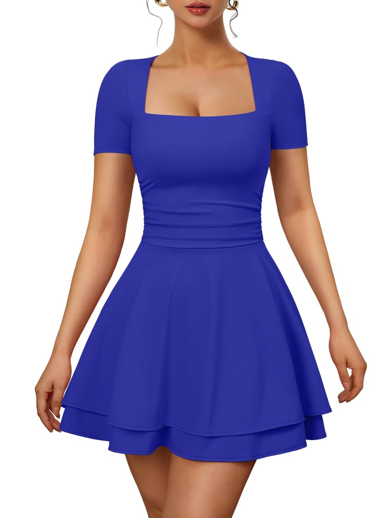 XXTAXN Womens Sexy Square Neck Short Sleeve Flowy Club Mini Dress