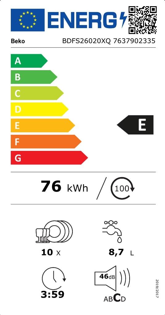 BEKO - BDFS26020XQ - Lavastoviglie Slim, Classe E, 10 coperti, Display Digit, Colore Inox, 46dBA, Consumo d'Acqua per ciclo 8,7 litri