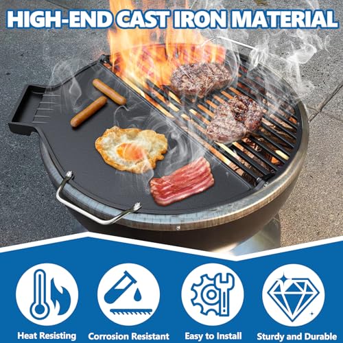 Image of SafBbcue Cast Iron Griddle & Grate for Weber 22 inch Kettle Charcoal Grill Accessories, Foldable Cooking Grate & Griddle for Cuisinart CHA-830 Cleanburn Fire Pit Cook Top, Outdoor Campfire BBQ Parts