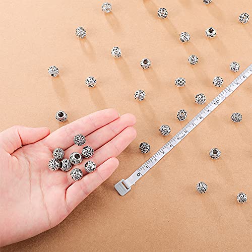 Hicarer 60 Pieces Silver Tone Spacer Loose Beads Hollow Filigree Tibetan Alloy Beads Spacer 10 mm Tiny Metal for Life Design DIY Jewelry Craft Making Necklace Bracelet Supplies