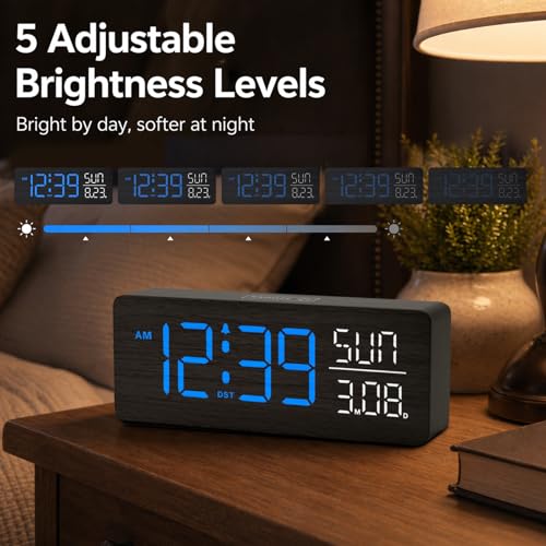 Image of Peakeep Wooden Digital Alarm Clock Large Display, Textured Decoration | for Bedroom Living Room Desk Table, Electric Plug-in Clock Battery Backup with Time Date Day, 5 Brightness, Auto DST