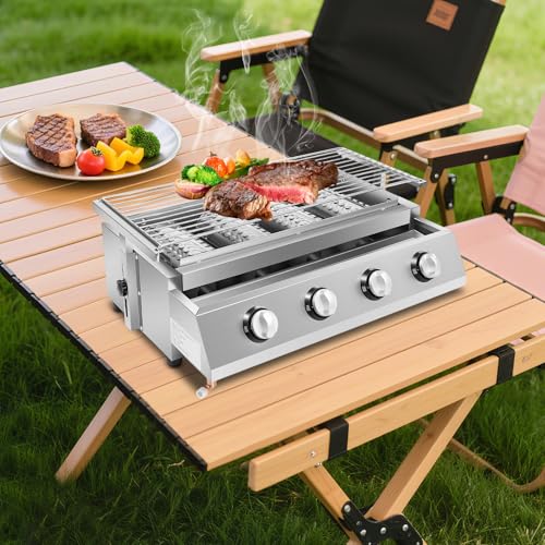 Barbacoa de gas de acero inoxidable, sin humo, altura regulable, con 4 quemadores y parrilla, parrilla de mesa portátil LPG para camping y picnic, 57 x 39 x 17,5 cm