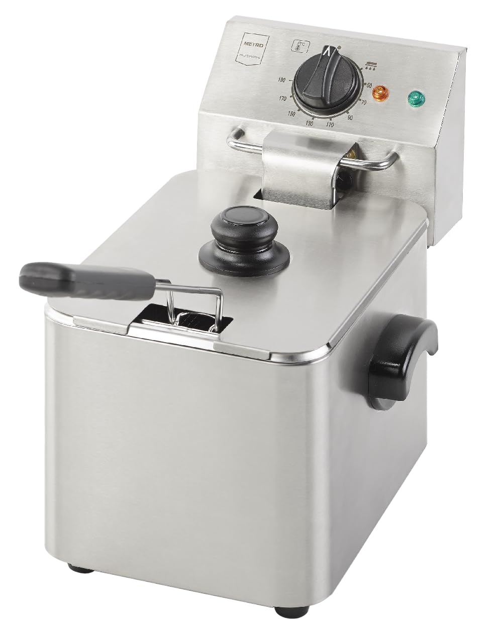 METRO Professional Freidora Eléctrica GDF3004, Acero Inoxidable, 4 L, Termostato Ajustable, Indicadores Luminosos, Asas Resistentes al Calor, 2500 W, Plateada
