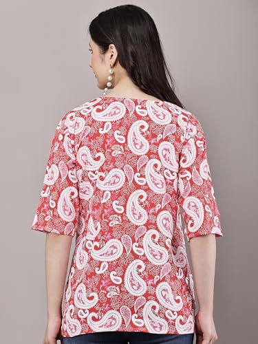 Image of Women's Red Printed Short Kurti with Lace Trim, 3 /4 Sleeves, Round Neck, Ethnic Style