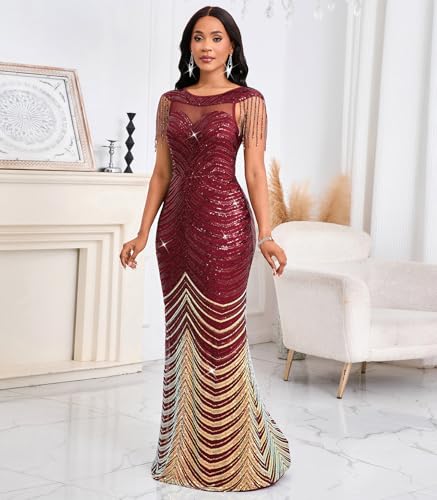 Image of Cololura Women Sexy Sequin Mesh Perspective Bodycon Party Cocktail Evening Gown Maxi Dress
