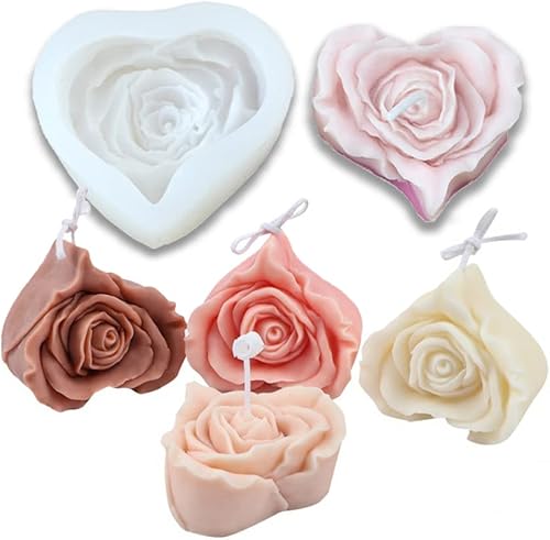 Cestony Moldes de silicona para velas de rosas en forma de corazón 3D para hacer velas de resina, pilar de aromaterapia, yeso, velas de cera, jabón,