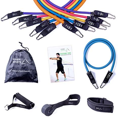 Ryher Resistance Bands Set of 5 Tubes - Exercise Bands with Handles, Door Anchor, Ankle Straps, Workout Guide for Men and Women - For Weight Exercise, Fitness Training - 12pcs set